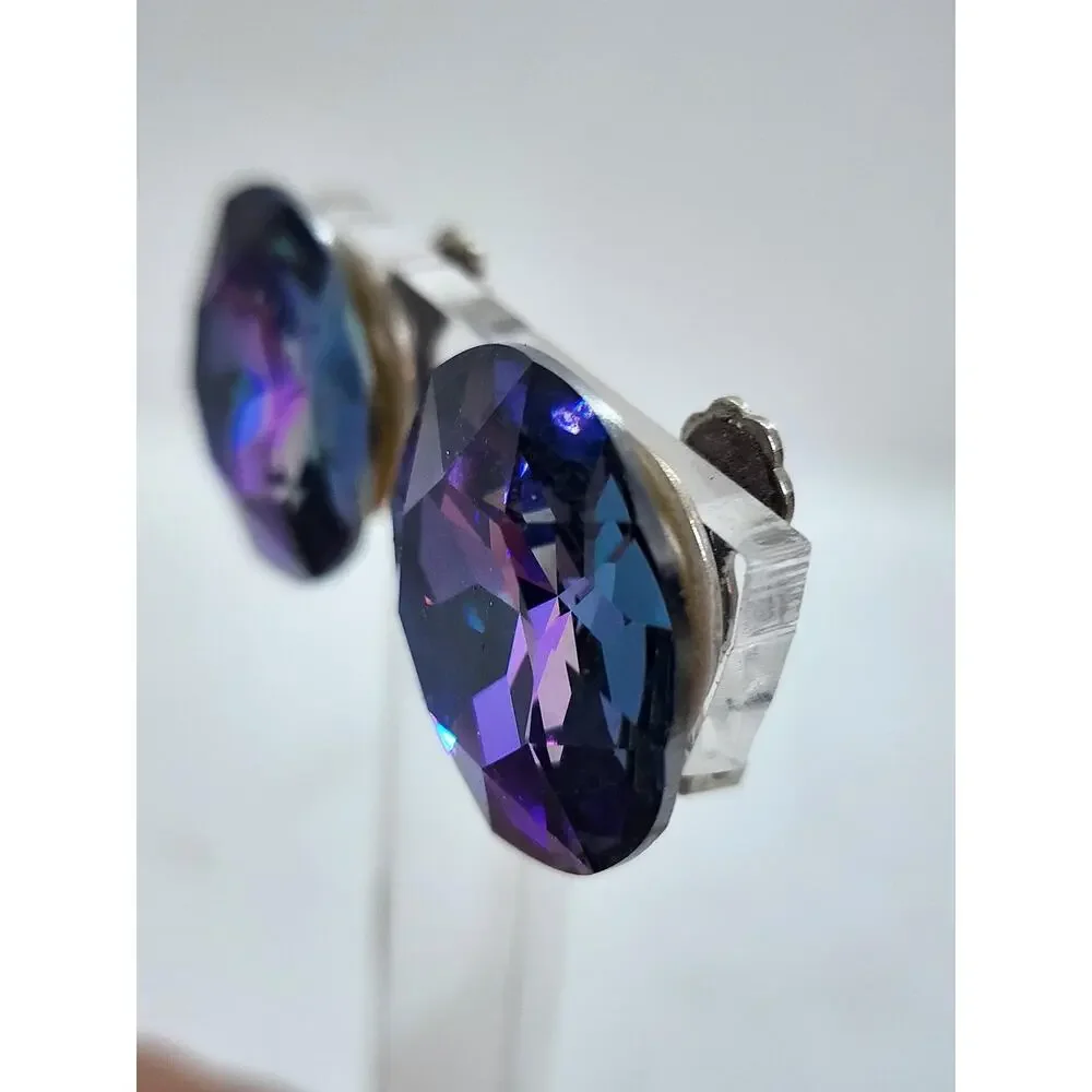 Vintage Swarovski Big Earrings Heliotrope Vitrail Purple Blue Iridescent Giant